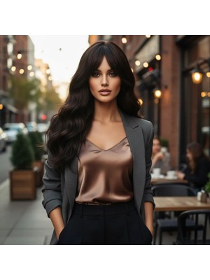 Melonika Daalı Perçemli Fiber Sen Orta Boy Peruk / Kahverengi