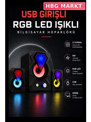HBG Markt Renkli LED Işıklı USB 2.1 Hoparlör 9W Oyun ve Müzik