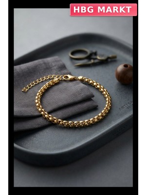 HBG Markt Erkek Bileklik 316L Çelik Gold Renk Box Zincir 18+5cm