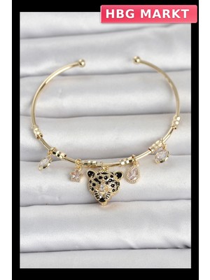 HBG Markt Leopar Detaylı Pirinç Bayan Bileklik Gold Renk Charmlı