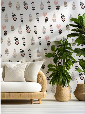 S Digital Bohem Tarzı Tüy Desenli Duvar Sticker Seti – 100X65 cm - Salon, Oturma Odası Uyumlu -Kendinden Yapışkanlı Pvc Folyo