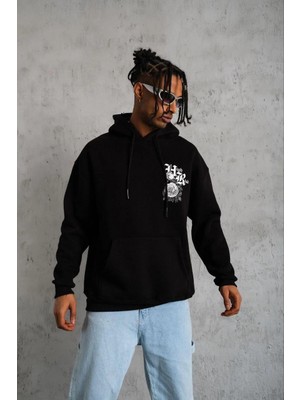 Tarz Yeri Erkek 3 Iplik Pamuklu Kapüşonlu Baskılı Cepli Oversize Sweatshirt Hoodie - Siyah