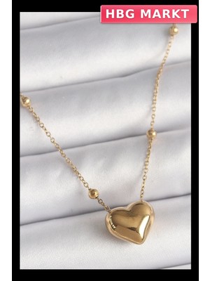HBG Markt Mey Ithalat® 316L Çelik Gold Renk Topçuk Detaylı Zincir Kalp Model Kadın Kolye
