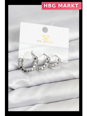 HBG Markt Mey Ithalat® Pirinç Gümüş Renk Zirkon Taşlı Petek Halka Model Ysx Trio Küpe Seti
