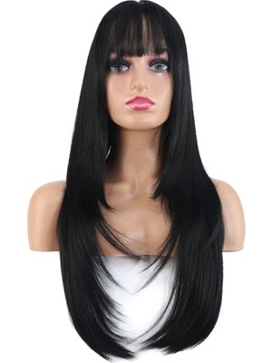 Melonika Katlı Kesim Perçemli Düz Fiber Sen Uzun Boy Peruk / Siyah