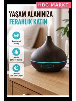 HBG Markt Ultrasonik Uçucu Yağ Difüzörü 550ML 7 Renk LED Zaman Ayarlı