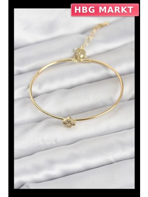 HBG Markt Mey Ithalat® Zirkon Taşlı Yonca Model Gold Renk Kadın Bileklik