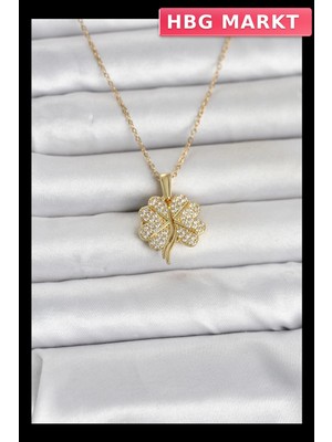 HBG Markt Açılabilir Yonca Model Zirkon Taşlı 316L Çelik Kadın Kolye Gold