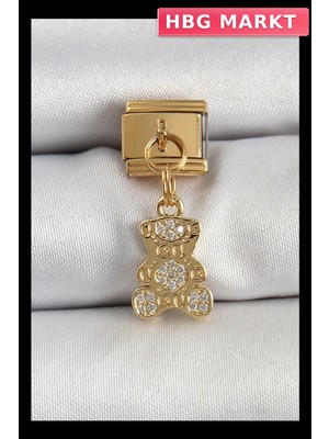 HBG Markt Mey Ithalat® 316L Çelik Sallantılı Zirkon Taşlı Ayıcık Model Gold Renk Nomination Charm