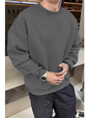 Tarz Yeri Erkek Düz Bisiklet Yaka 3 Iplik Pamuklu Sweatshirt - Füme