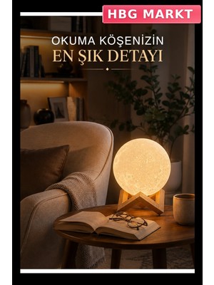 HBG Markt 3D Ay Gece Lambası Ahşap Standlı Dekoratif Aydınlatma
