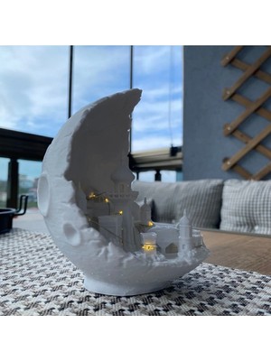 Moontime Alaçatı Ay Şehri Peri Ledli Dekoratif Obje Diorama Beyaz Ay Şehri Dekor Balkon, Kitaplık, Dresuar Aksesuarı