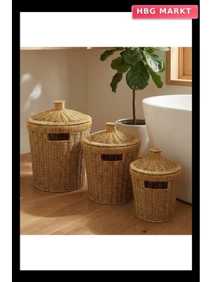 HBG Markt 3'lü Iç Içe Geçebilen Büyük Plastik Rattan Hasır Sepet Seti