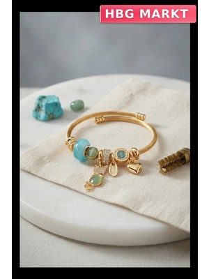 HBG Markt Mavi Kedi Figürlü Gold Renk Charm Bileklik 316L Çelik