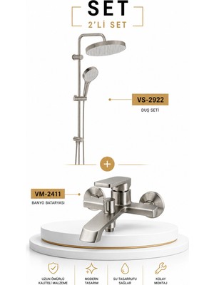 Valtemo Valentını + Bıgart 2'li Banyo ve Robot Duş Seti - Fırçalı Nikel