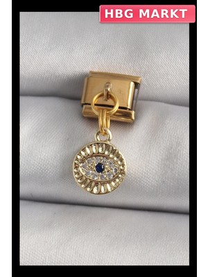 HBG Markt Mey Ithalat® 316L Çelik Gold Renk Sallantı Zirkon Taşlı Göz Model Nomination Charm