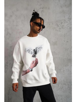 Tarz Yeri Erkek Güvercin Baskılı 3 Iplik Pamuklu Bisiklet Yaka Sweatshirt - Beyaz