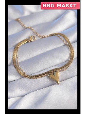 HBG Markt Mey Ithalat® 316L Çelik Gold Renk Italyan Zincirli Kalp Model Bileklik