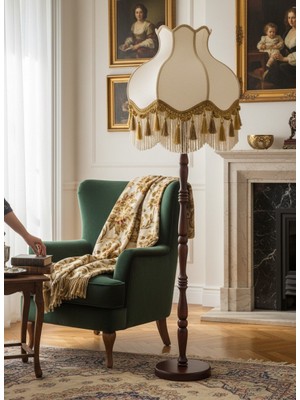 dekovien Beyaz Kadife Gold Detaylı Başlık Kahverengi Ahşap Ayaklı Lambader Vintage Model 170X45CM