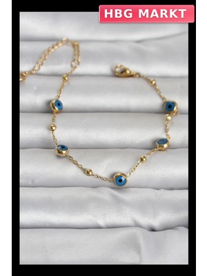 HBG Markt 316L Paslanmaz Çelik Nazarlı Kadın Bileklik Gold Top Zincir