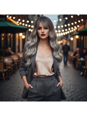 Melonika Daalı Perçemli Fiber Sen Orta Boy Peruk / Ombre ve Röfleli