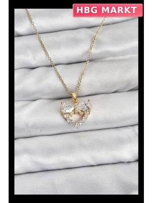 HBG Markt Mey Ithalat® 316L Çelik Zincir Gold Renk Kalp ve Fiyonk Model Zirkon Taşlı Kadın Kolye