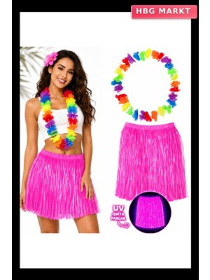 HBG Markt Neon Pembe Hawaii Etek 40 cm ve Rengarenk Hawaii Kolye Seti