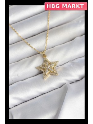 HBG Markt 316L Paslanmaz Çelik Yıldız Kolye 45CM Zirkon Taşlı Gold