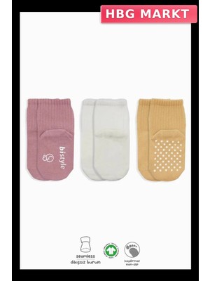 HBG Markt Mey Ithalat®   Basic Kaymaz Penye Soket Çorap 3'lü BS10107 Pudra Ekru Somon