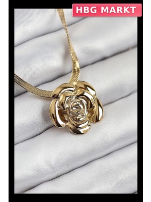 HBG Markt Mey Ithalat® 316L Çelik Gül Figürlü Italyan Zincir Model Gold Renk Kadın Kolye