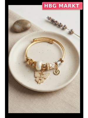 HBG Markt Bayan Bileklik 316L Çelik Zincirli Model Gold Renk Charm