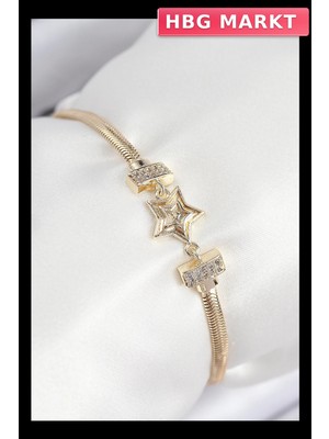 HBG Markt Mey Ithalat® Pirinç Zirkon Taşlı Yıldız Model Gold Renk Kadın Bileklik