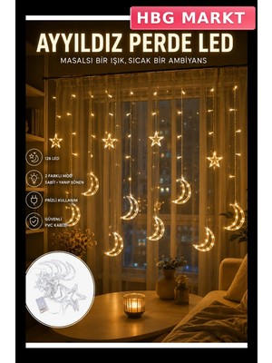 HBG Markt Prizli Yıldız Ay Perde LED Işık Dekoratif Aydınlatma