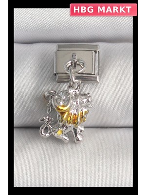 HBG Markt Mey Ithalat® 316L Çelik Gümüş Renk Sallantı Aslan Model Nomination Charm