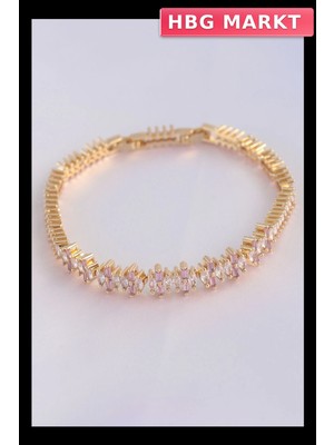 HBG Markt Mey Ithalat® Vip Seri Pirinç Pembe Zirkon Taşlı Gold Renk Baget Model Bileklik