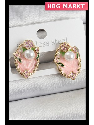 HBG Markt Mey Ithalat® Pirinç Pembe Mineli Inci Detaylı Sanatsal Portre Model Gold Renk Kadın Küpe
