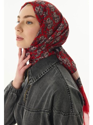 Moontime Alaçatı Daisy Çiçek Desen Kırmızı Pamuklu Şal