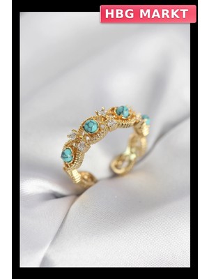 HBG Markt Mey Ithalat® Mavi Taşlı Gold Renk Vintage Kadın Yüzük