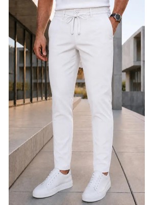 Modamesto Erkek Beyaz Slim Fit Likralı Beli Lastikli Bağcıklı Yan Cep Jogger Kumaş Pantolon