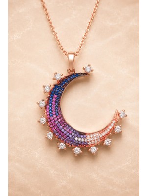 Bereka Jewelry 925 Ayar Gümüş Rose Gold Kaplama Renkli Hilal Kolye - Starlit Crescent