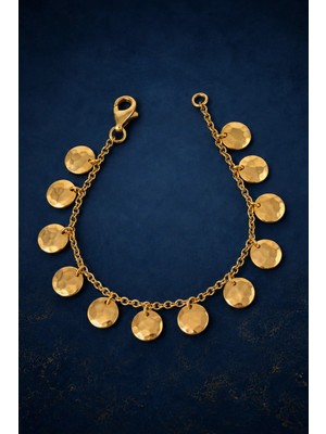 Bereka Jewelry 925 Ayar Gümüş 18K Altın Kaplama El Işçiliği Dövme Disk Bileklik - Solar Coin