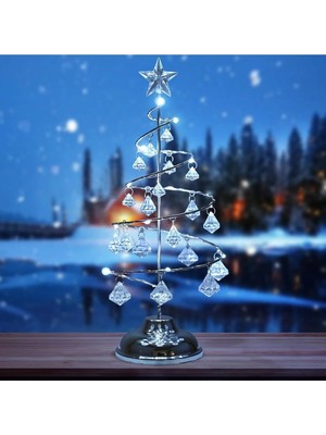 Moontime Alaçatı Vıp Kalite 20 cm Metal Kristal Sarkıtlı Yılbaşı Ağacı Beyaz LED Işıklı Noel Ağacı Gümüş Çam Ağacı