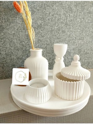 Moontime Alaçatı Dekoratif Yuvarlak Tepsi, Tealight Mumluk, Kapaklı Kutu, Iskandinav Vazo Düğüm Sütun Biblo Beton Set