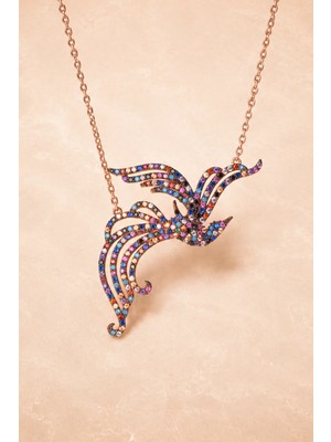 Bereka Jewelry 925 Ayar Gümüş Rose Gold Kaplama Renkli Anka Kuşu Kolye - Aurora Phoenix