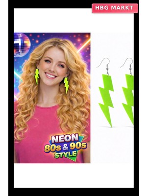 HBG Markt 80'ler 90'lar Retro Neon Yeşil Şimşek Küpe 10 cm (5647)
