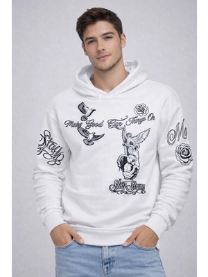Tarz Yeri Erkek 3 Iplik Pamuklu Kapüşonlu Baskılı Sweatshirt Hoodie - Beyaz