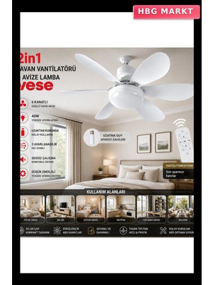 HBG Markt 2'si 1 Arada Tavan Ventilatörü ve Avize Lamba 40W Kumandalı VNT-005