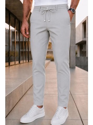 Modamesto Erkek Açık Gri Slim Fit Likralı Beli Lastikli Bağcıklı Yan Cep Jogger Kumaş Pantolon
