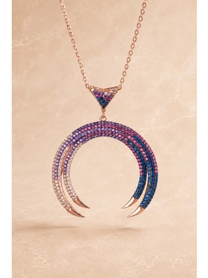 Bereka Jewelry 925 Ayar Gümüş Rose Gold Kaplama Renkli Çift Hilal Kolye - Eclipse Crown