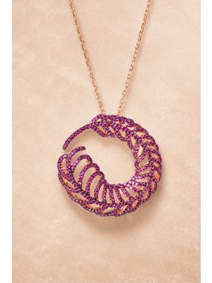 Bereka Jewelry 925 Ayar Gümüş Rose Gold Kaplama Pembe Tüy Formlu Çelenk Kolye - Feather Halo